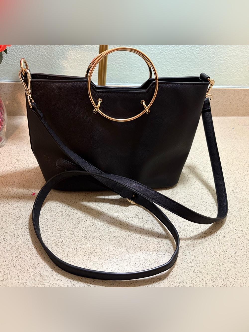Black Tote Bag with Gold Ring Handles